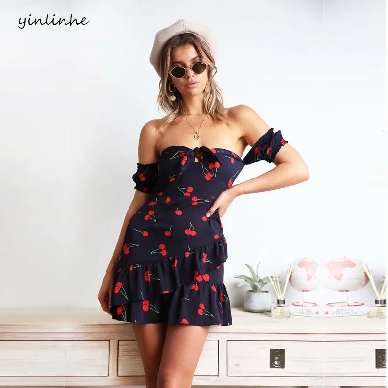 

yinlinhe Red Cute Cherry Dress Women Backless Off Shoulder Sexy Summer Dress Beach Short Sleeve Slash Neck Bow Knot Vestido 505