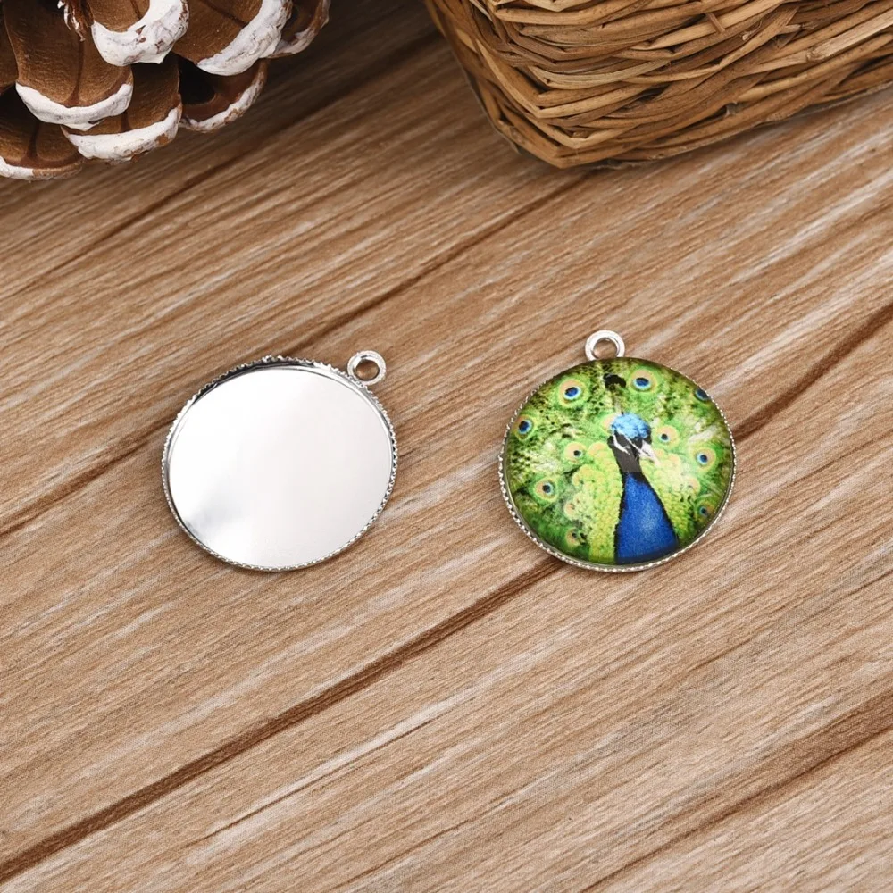 Iron Cabochon Pendant Setting Serrated 20mm Flat Round Bezel Gem Blank Base Silver Plated (3)