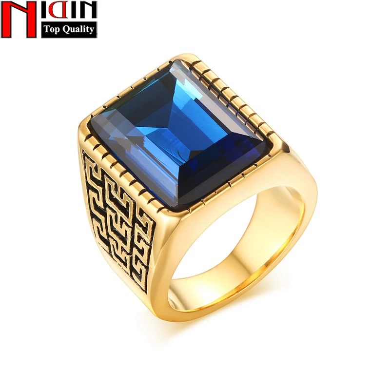 

NIDIN Men's Ring Gold-color Red & Blue CZ Big Stone Rings for Men Stainless Steel Jewelry for male Engagement Rings