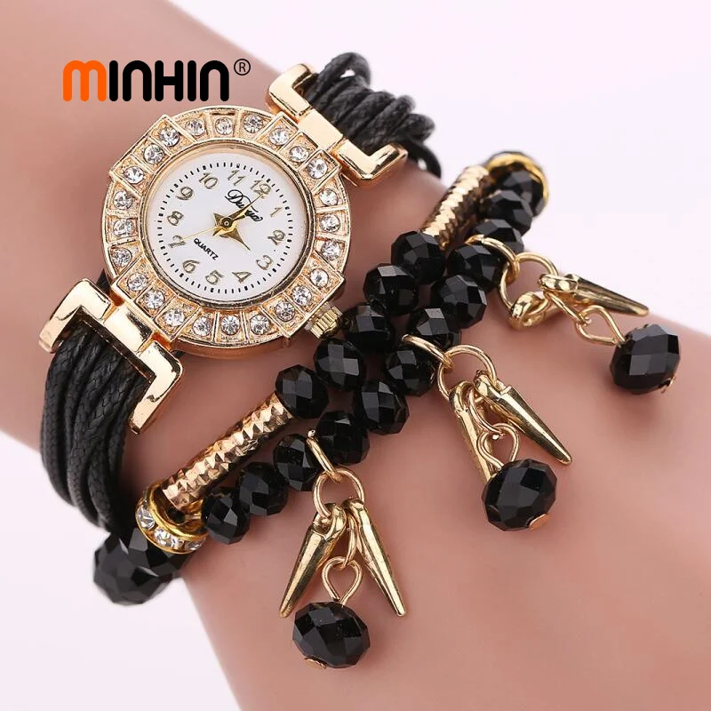 

MINHIN Luxury Rhinestone Quartz Watches For Women Beads Alloy Pepper Charms Pendant Wrap Bracelet Wristwatch Relogio