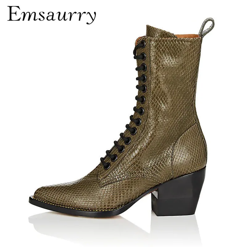 

Punk Style Knight Boots Square Thick Heel Point Toe Unique Serpentine Leather Cross-tied Winter Botas Mujer