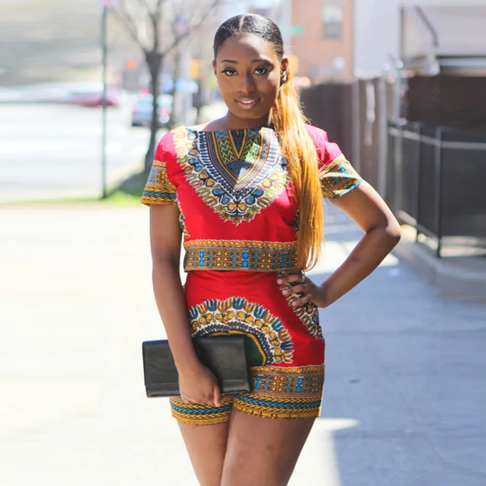 

Two Piece Set Women Dashiki African Printing Short Sleeve 2 Piece Set Sportswear Ensemble Femme Conjuntos De Mujer #CE45