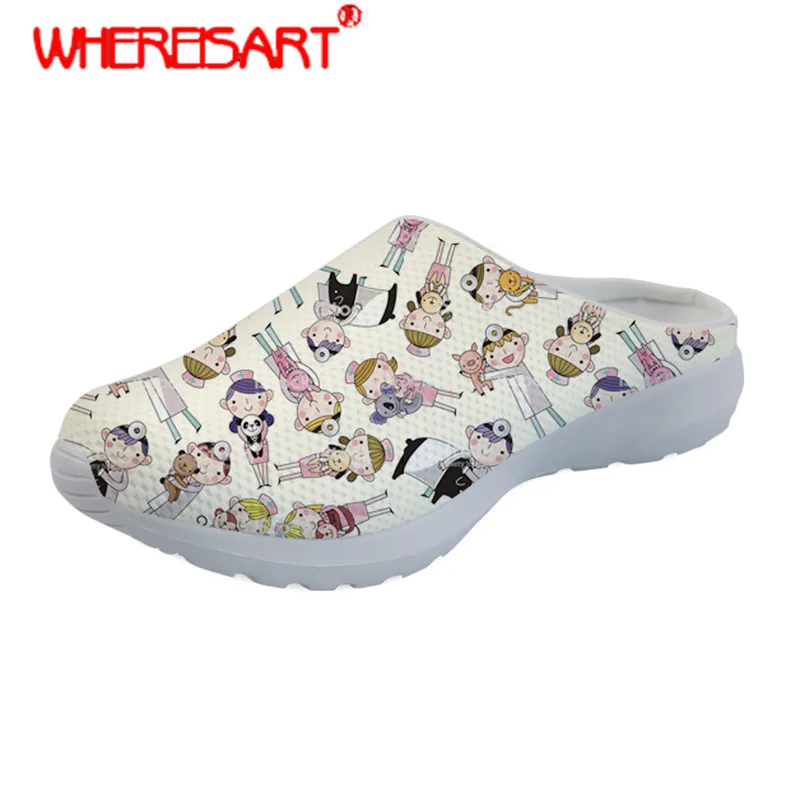 

WHEREISART Women's Casual Slippers Cute Cartoon Veterinary Printing Summer Slipper Ladies Slip-on Mesh Sandals Feminine Zapatos