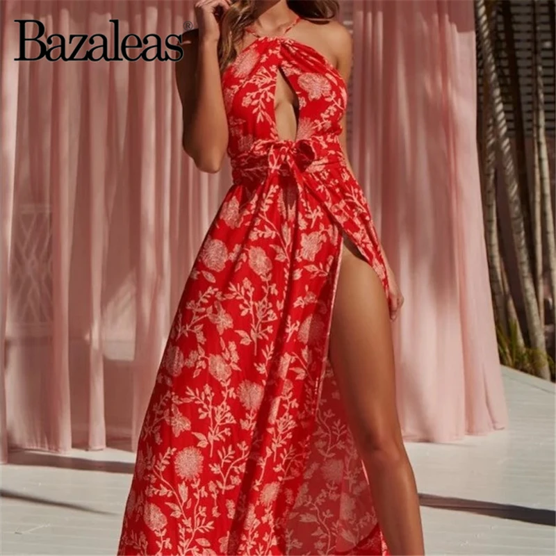 

Bazaleas 2019 Red Floral Print Adjustable spaghetti straps vestido Fashion Split Summer Dress Backless Midi Dress Dresses Casual