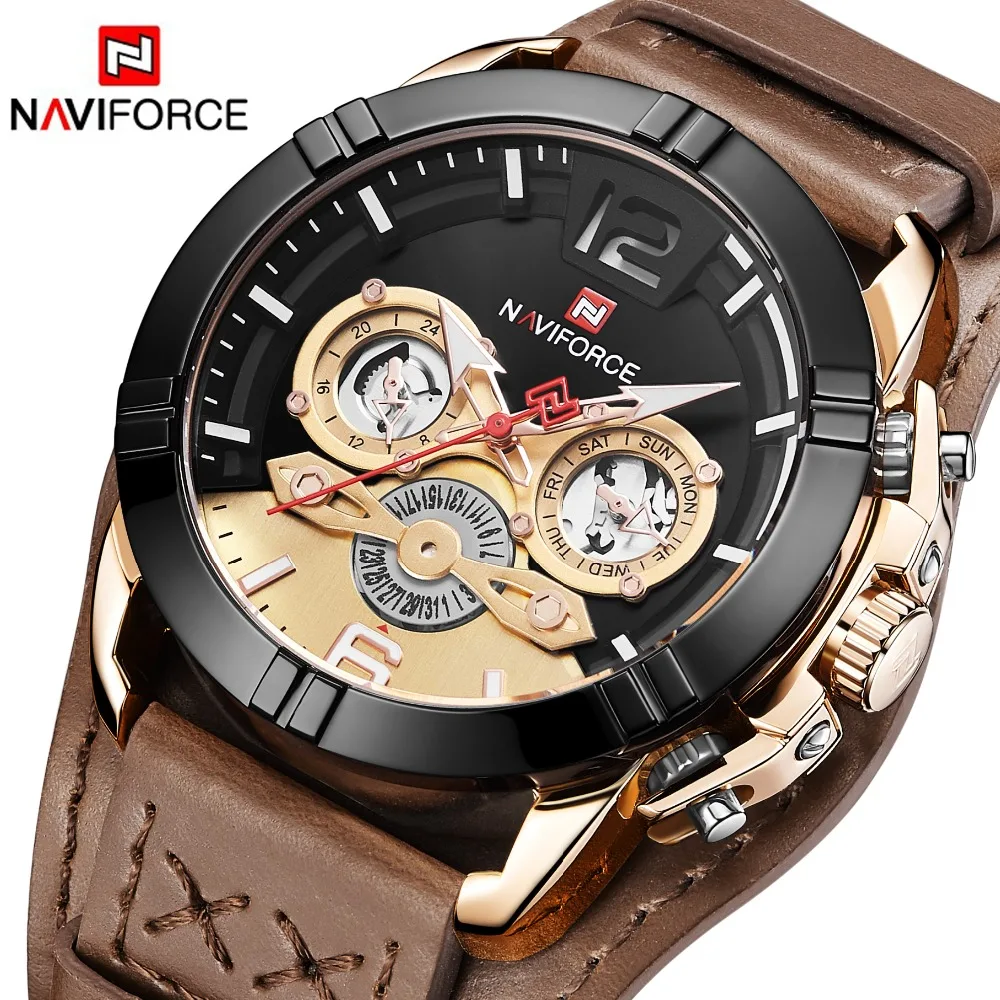 Часы Naviforce мужские винтажные ретро панк рок кожа кварцевые спортивные наручные