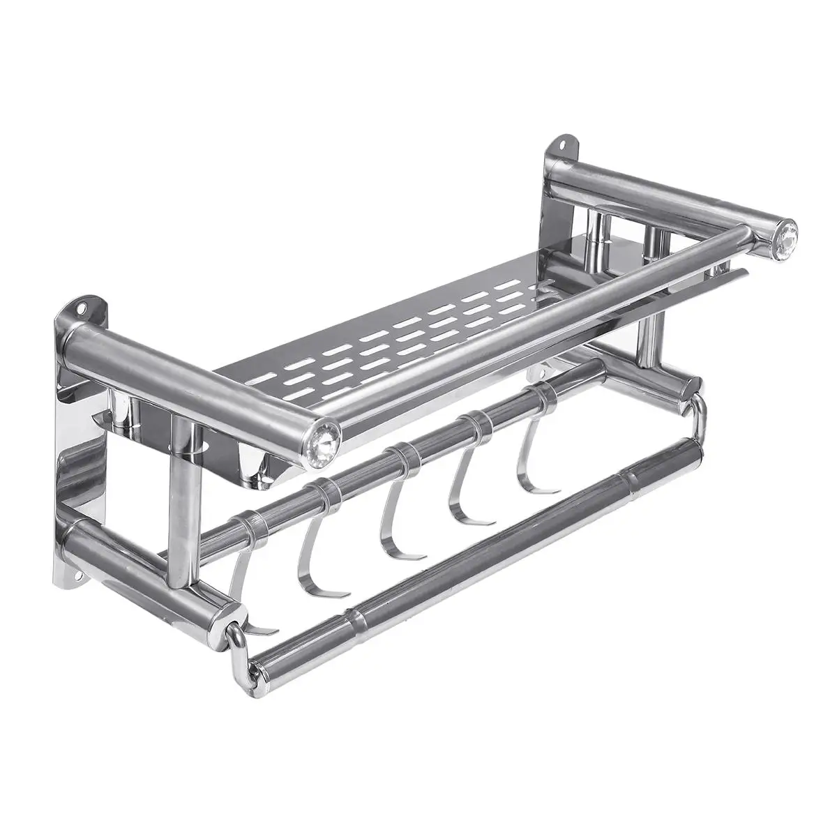 

Stainless Steel Bathroom Towel Holder Wall-mounted Towel Rack Bath Towel Clothes Organizer Storage Shelf Soap Sponge With 5 Hook