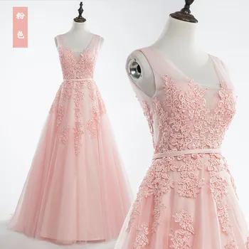 

Pink Evening Dresses Long Sexy Cheap A-line Sleeveless V-neck Tulle Lace Back Robe De Soiree