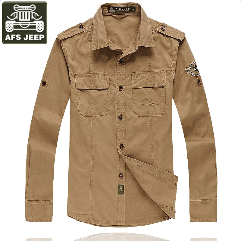 

AFS JEEP Brand Mens Shirts Long Sleeve Military Shirt Turn-down Collar Shirt Men Solid Color 100% Cotton Camisa masculina homme