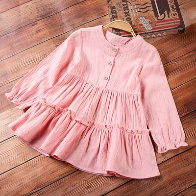 summer and autumn girls shirt girls dress solid color round neck casual vestoidos long-sleeved female children dress - Цвет: button pink