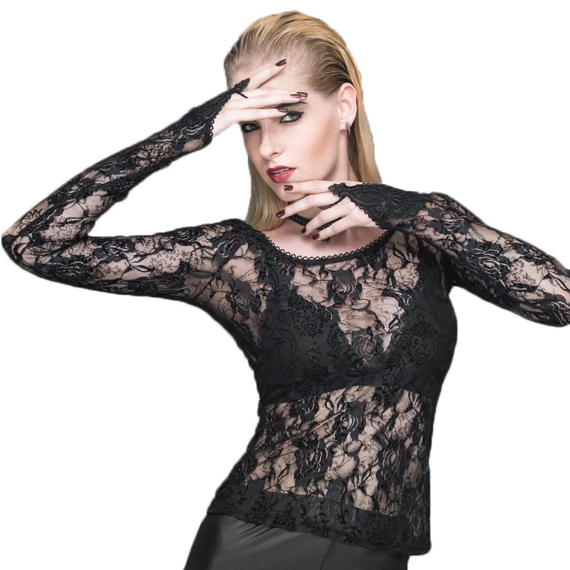 

Devil Fashion Punk Women's Sexy T-shirt 2016 Long Sleeve Roses Printed Autumn Solid Black Transparent Lace Tops And Tees XXXL