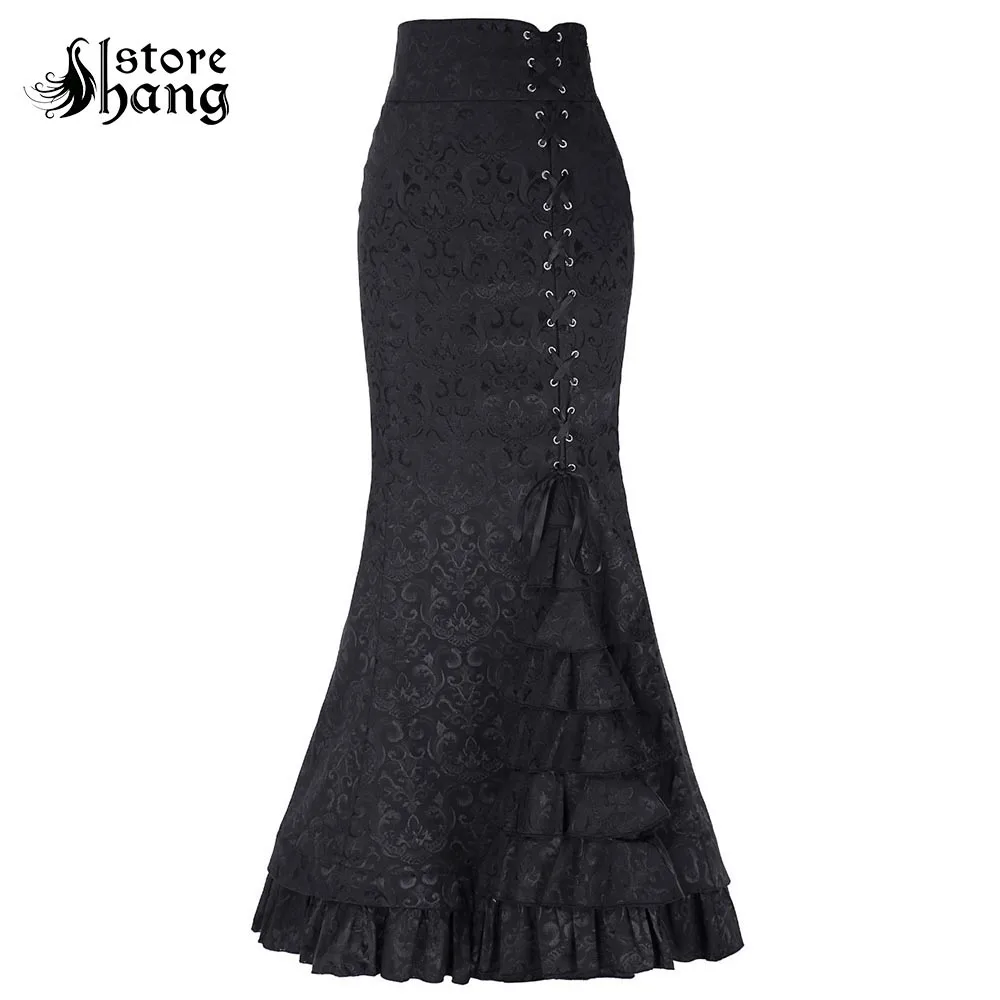 

Women's Steampunk Retro Gothic Long Mermaid Skirt Vintage Medieval High Waisted Side Lace up Ruffled Fishtail Victorian Skirt
