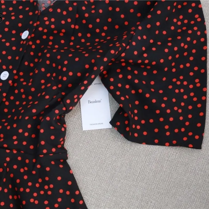 Красный горошек пуговицы для блузки спереди v шеи печати швов Блузы с кулиской на талии