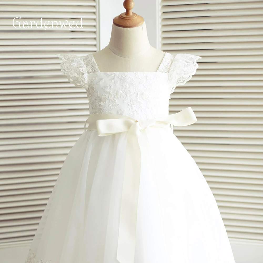 2019 белые кружевные платья шапки рукава ленты для девочек Детские платья для свадьбы