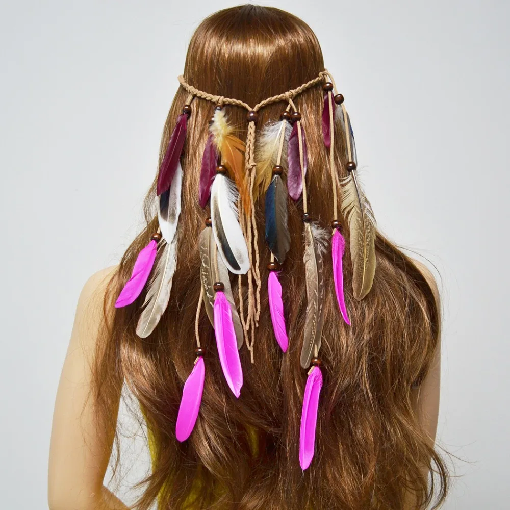 

Ethnic Gypsy Boho India Feather Headbands Hairpiece Head Feather Headdress Girl Hair Accessories African Tribal Party Jewelry