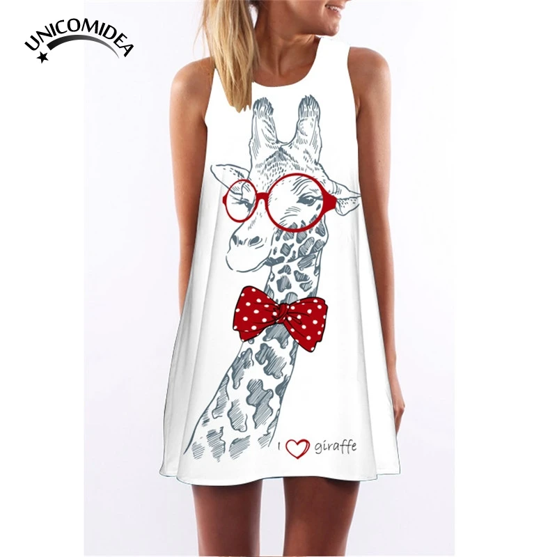 

2018 Cute Giraffe Cat Flamingo Animal Dress New Sleeveless Beach Dress Fashion 3D Digital Print Women Mini Loose Vest Dress