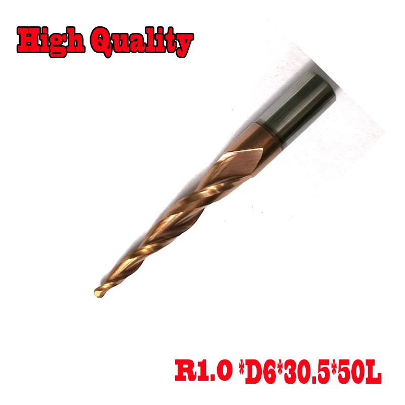 

1pc R1.0*D6*30.5*50L*2F HRC55 Tungsten solid carbide Coated Tapered Ball Nose End Mill taper and cone endmills