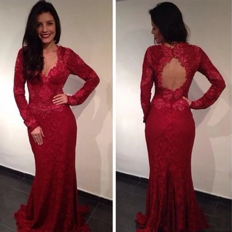 

Vintage Dark Red Arabic Evening Dress Lace Appliques Mermaid V Neck Long Sleeves Sexy Backless Prom Dresses Formal Party Gown