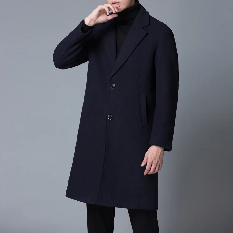 Повседневное модное длинное шерстяное зимнее пальто, теплое тонкое шерстяное пальто и куртка с длинным рукавом, однотонное однобортное Мужское пальто - Цвет: Тёмно-синий