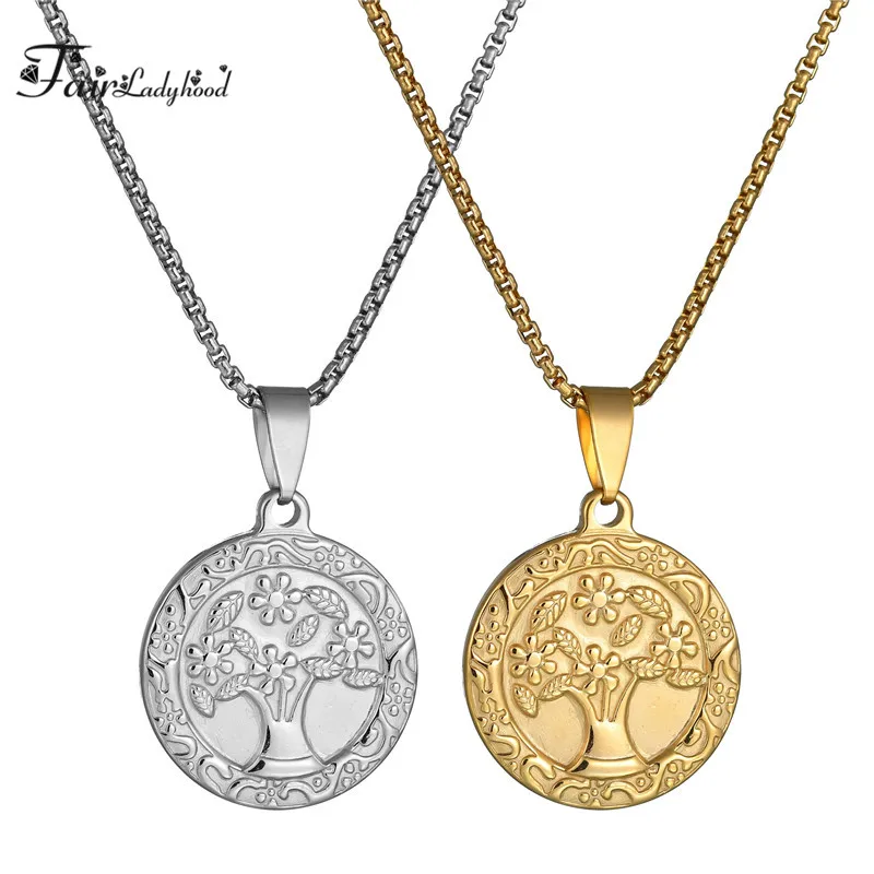 

FairLadyHood Fashion Retro Stainless Steel Necklace With Chains Life Tree The Wealthy Circular Medal Necklace Wholesale