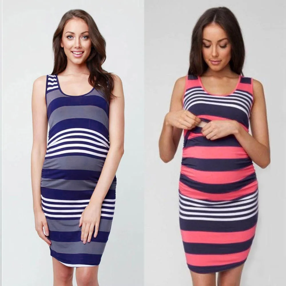 

Huang Neeky W#4M Fashion Daily Women Mom Pregnant Nursing Baby Maternity Vest Striped Sleeveless Dress Clothes Summer Hot