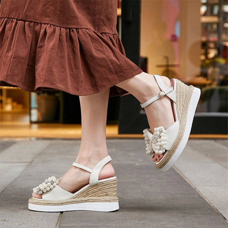 MSSTOR String Bead Butterfly-knot Platform Shoes Peep Toe Off White Buckle Strap Casual Sweet Summer Sandals Crystal High Heels MSSTOR String Bead Butterfly-knot Platform Shoes Peep Toe Off White Buckle Strap Casual Sweet Summer Sandals Crystal High Heels