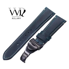 Rolamy 22 мм Винтаж Синий Натуральная кожа замена наручные часы ремешок петли для ремня браслеты для IWC Tudor