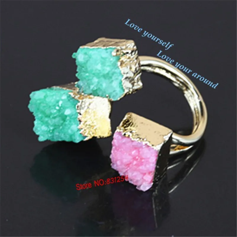 

Hot Sale Natural Druzy Stone Rings Square Shape Colorful Drusy Quartz Rings Druzy Statement Finger Rings