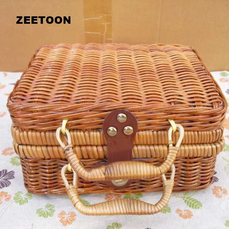 Bamboo Vintage Rattan Portable Outdoor Travel Handmade Tea Set Storage