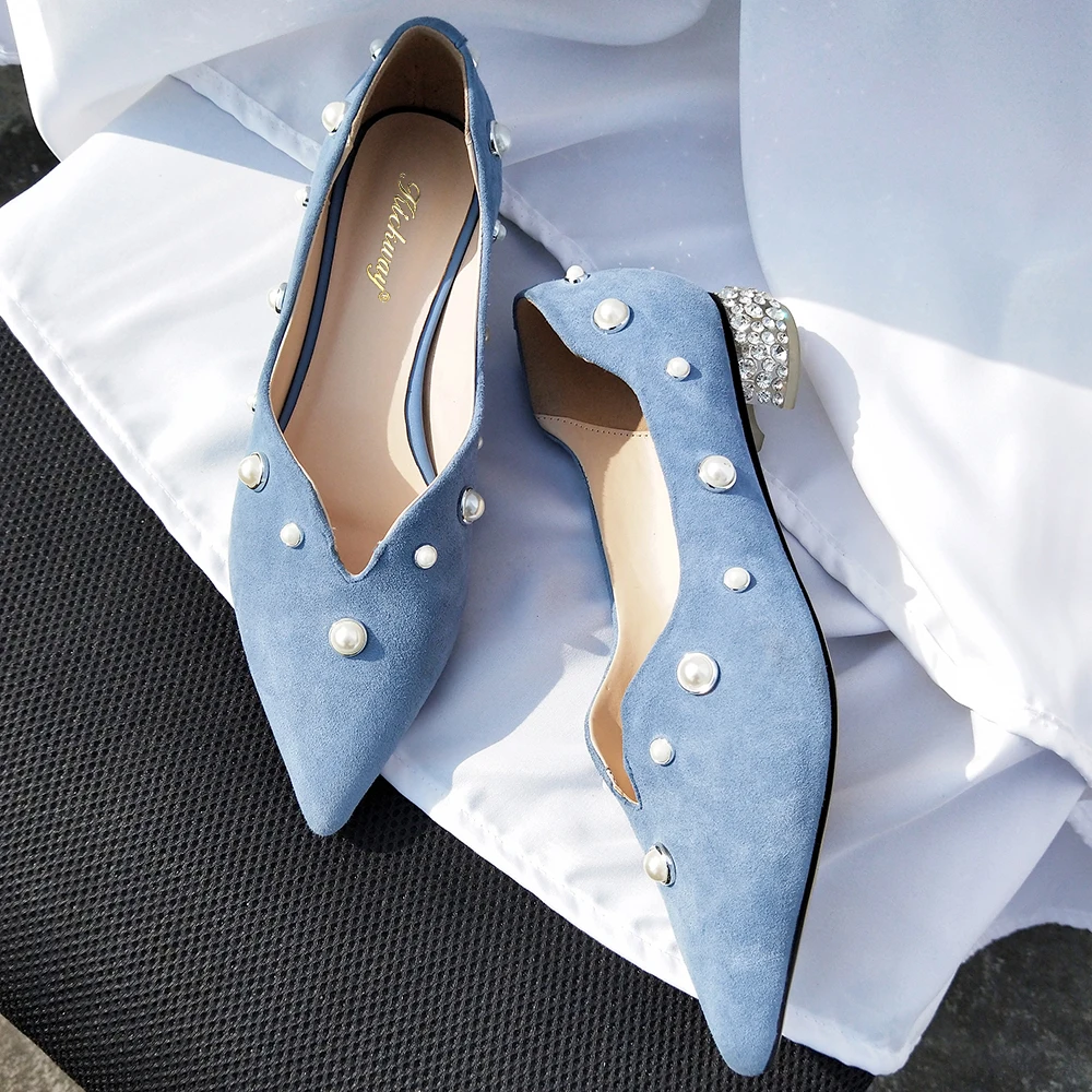 

Women Mary Jane Pearls Pumps Crystal Heel Shoes Shoes Women Med Heels Kid Suede Pointed Toe Slip-on Elegant Party Shoes Ladies