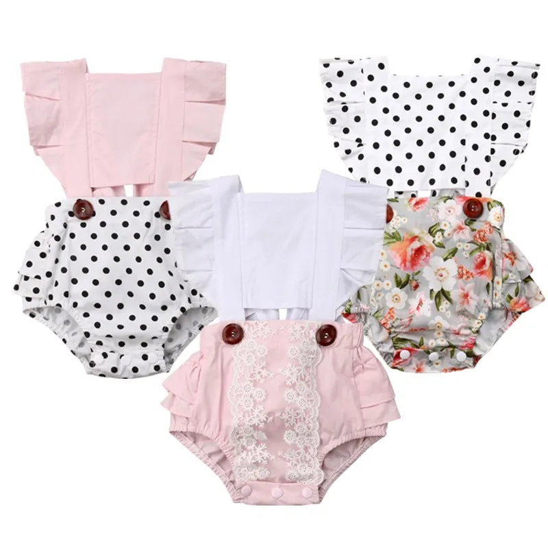 

New Arrivels Newborn Infant Baby Girl Polka Dots Clothes Summer Splice Lace Romper Outfit Sunsuit