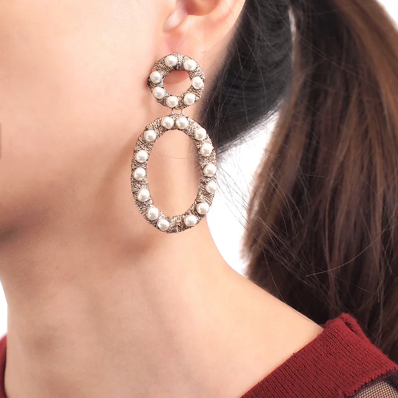 MANILAI Imitation Pearl Dangle Earrings Fashion Silk Thread Wrap Alloy Statement Earrings For Women Charm Jewelry Accessories