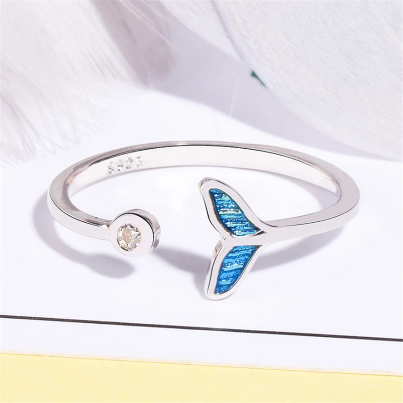 

2019 fish tail mermaid sea blue CZ pure 925 sterling sliver open ring for women love wholesale wedding jewelry promise GMNR213