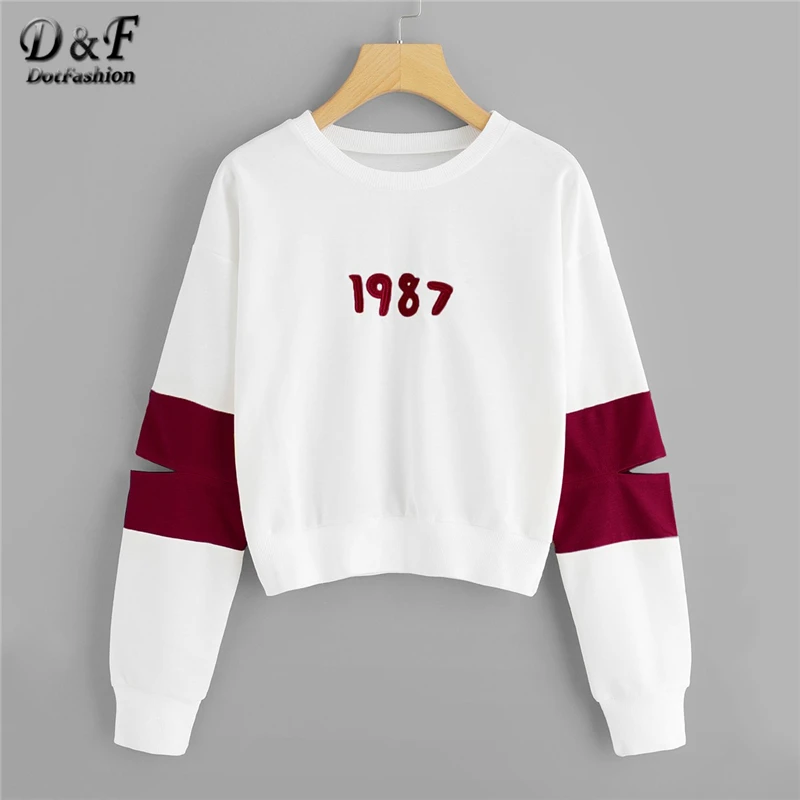 

Dotfashion White Embroidery Detail Cut Out Sleeve Crop Sweatshirt Women Clothing 2019 Autumn Fashion Casual Long Sleeve Pullover