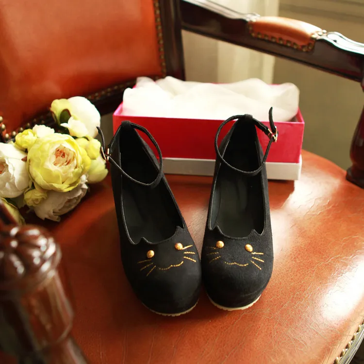 Женская обувь в стиле Лолиты, mary Jane, с кошкой; повседневная обувь на платформе; обувь на танкетке; Милая обувь с круглым носком и ремешком на щиколотке для девочек; японские туфли-лодочки; A66 - Цвет: 1