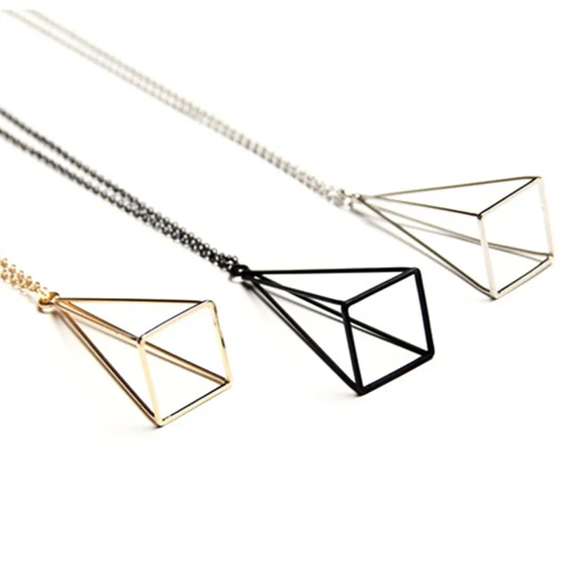 Стилист необычайно простой 3 d выдалбливают Геометрическая рамка металлическое ожерелье девушка красивая черная Мода треугольник ожерелье