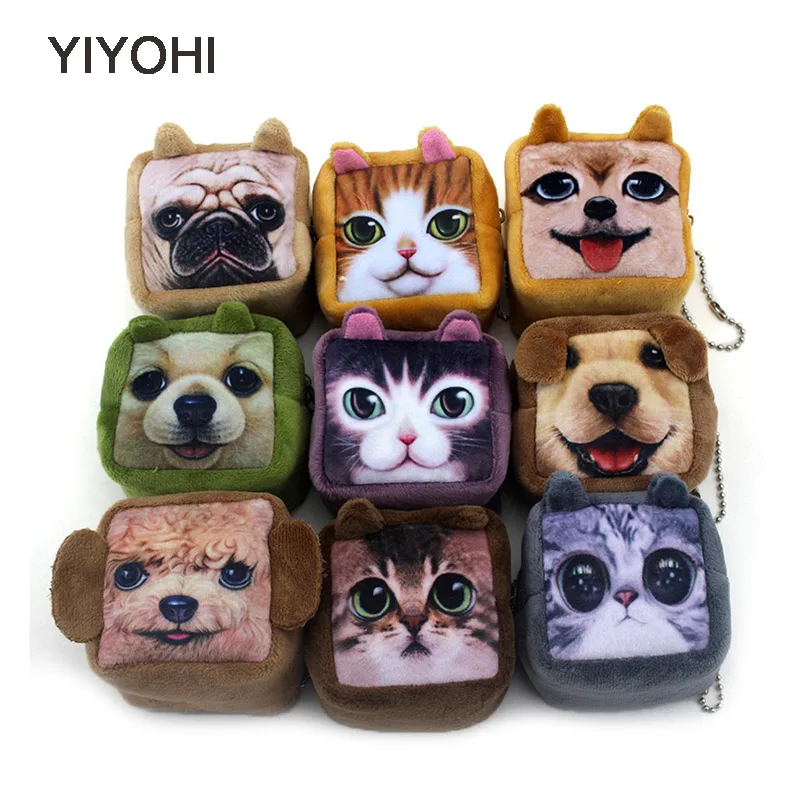 

YIYOHI 7cm*6cm*5cm Cute Style Novelty Cuboid 3D Animal Zip Plush Coin Purse Kawaii Children Coin Purse Women Wallet Mini Handbag