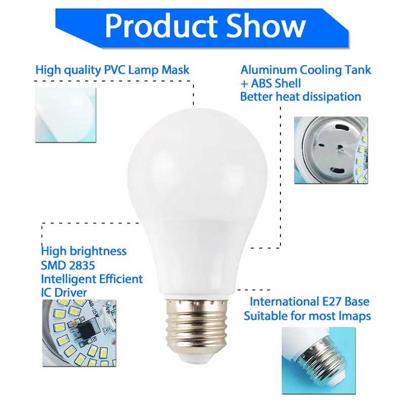 Bombilla LED de alta calidad de vatios Real E14 E27 lámpara LED 7 W 9 W 12 W 15 W Eco 5 W 2835 V SMD 220 5730 luces LED Lampara Bombilla ampolla