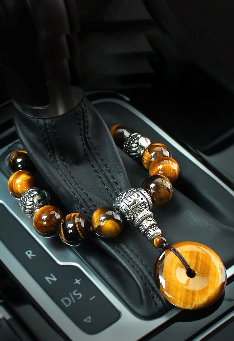 Car Ornament Natural Tiger Eye Stone Car Gear Bead Pendant Interior Gear Beads Peace Symbol Chinese Style Auto Decor Accessories