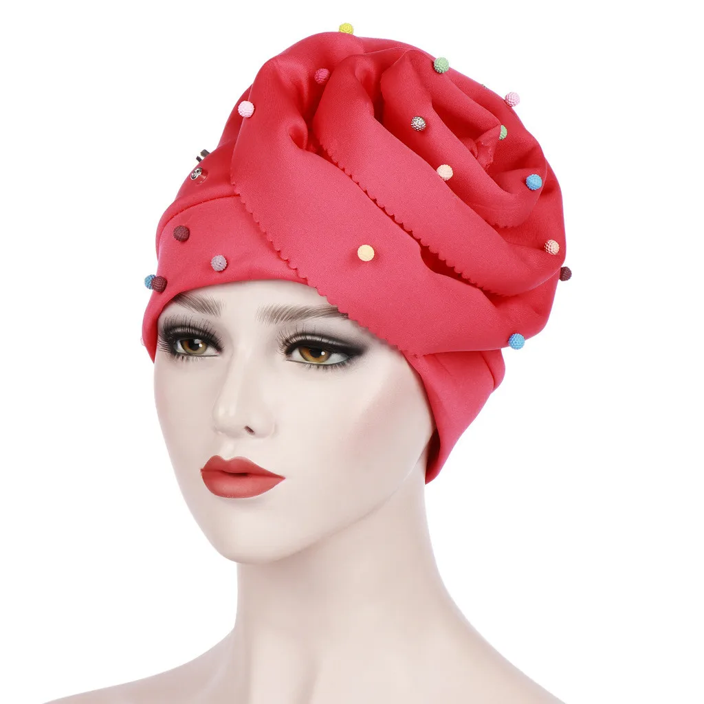 

summer beanies for women Cotton Stretch Turban Hat India Floral Solid Hat Muslim Ruffle Cancer Chemo Beanie Wrap Cap L0406