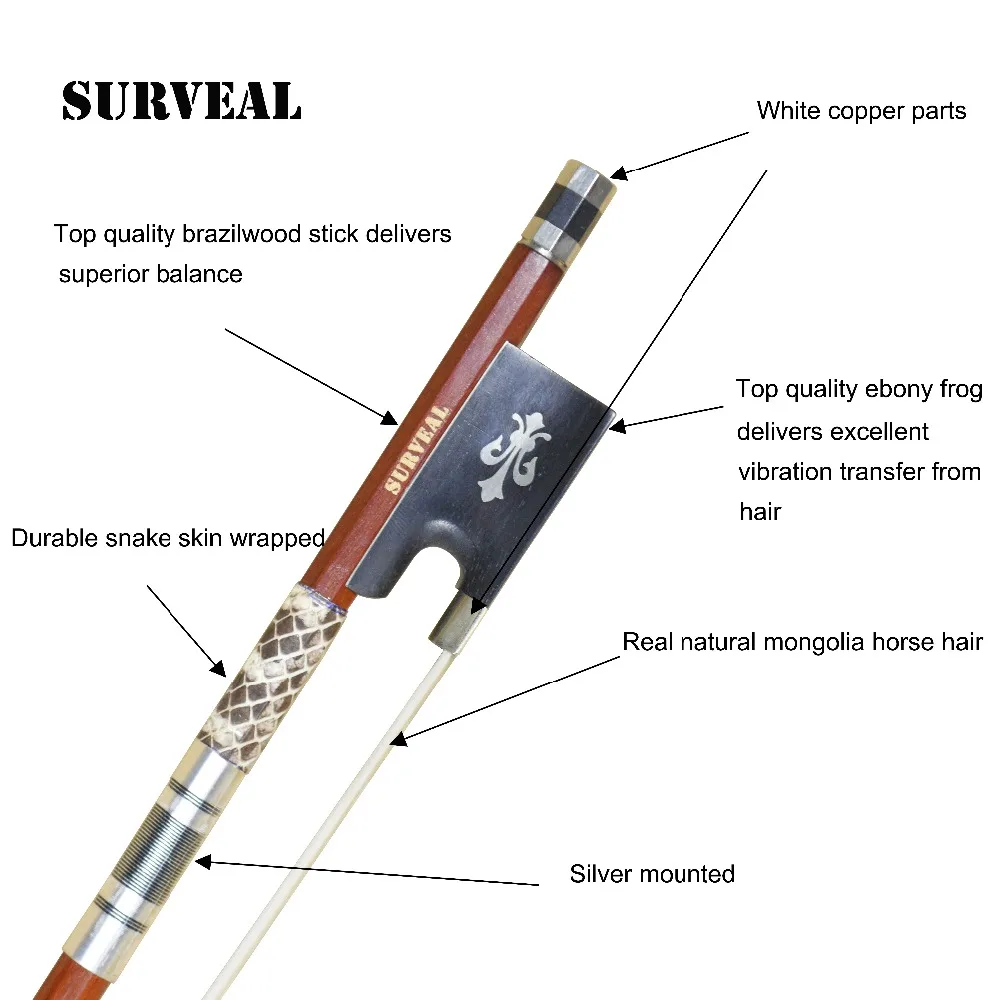SURVEAL Скрипка Лук Профессиональный бразильский Дерево Скрипка Лук Змеиный обернутый теплый звук скрипки части аксессуары O