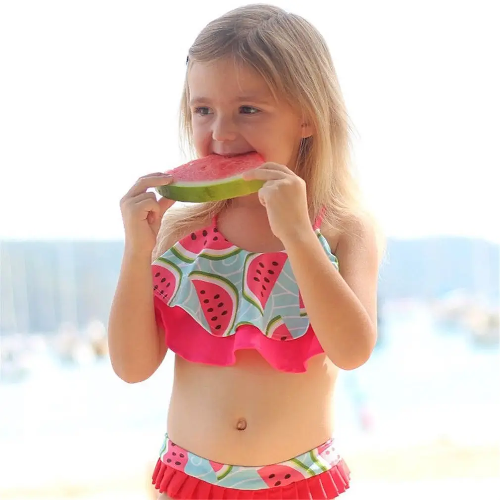 

Cute 2018 Watermelon Swimwear Kids Girls Ruffles Halter Bandage Bikini Set Summer Swimsuit Beachwear Bathing Suit Biquini 1-6T