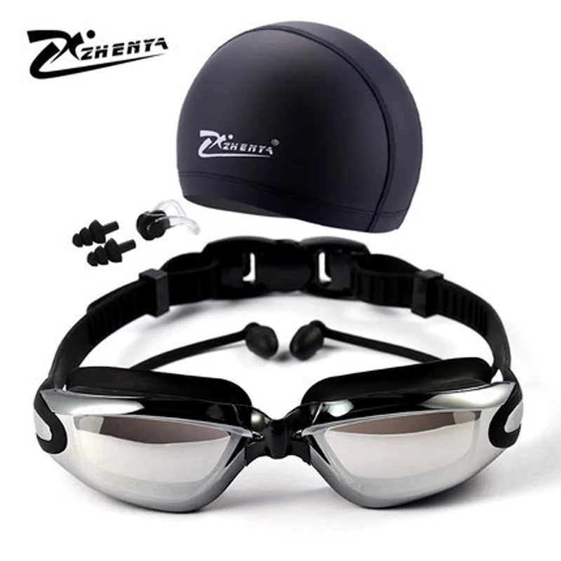 

HD waterproof anti-fog swimming glasses men and women large frame plating goggles with swimming cap earplugs nose clip set