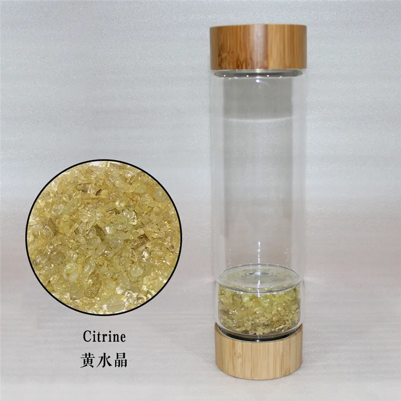 Креативный 450 мл натуральный хрусталь камень стекло с отделением для бутылки воды здоровая энергия воды чашка бамбук кварц портативный - Цвет: citrine