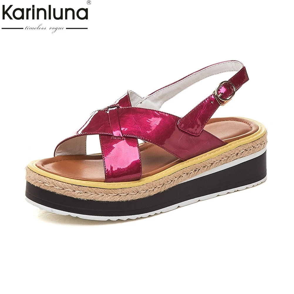 

fashion women's patent genuine leather ladies wedges heels platform shoes woman leisure summer sandals 2019