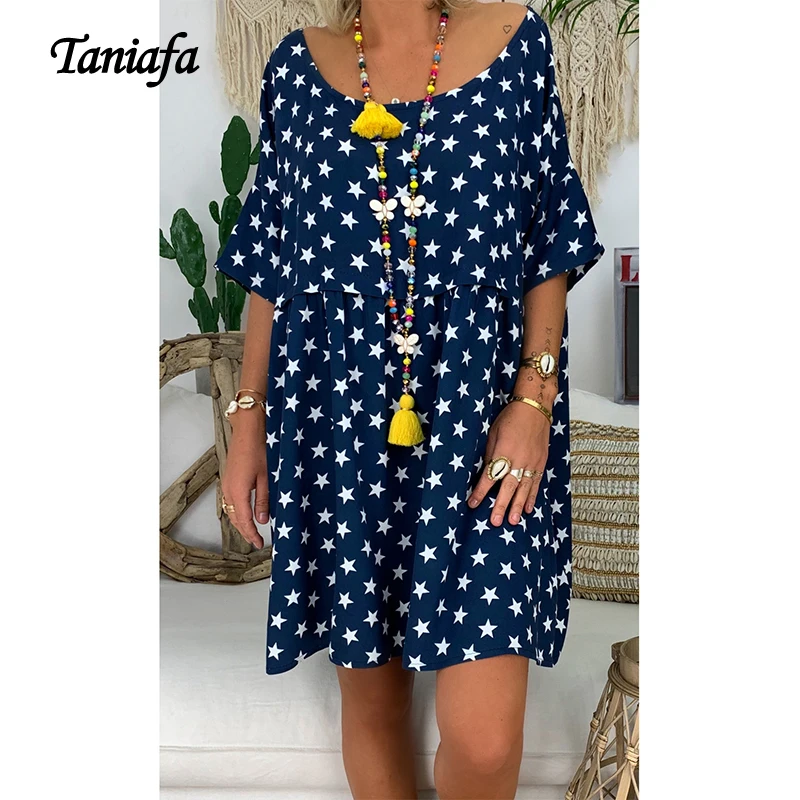 

TANIAFA 2019 Fashion Women Round Neck Short Sleeve Mini Dresses Casual Loose Pentagram Print Party Dress Plus Size
