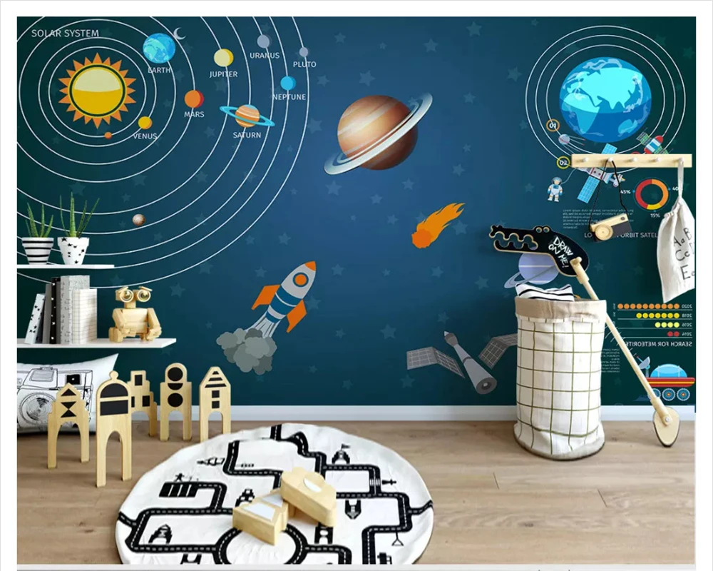 

beibehang Custom fashion silky formaldehyde-free wall paper hand-painted universe children's room background mural 3d wallpaper