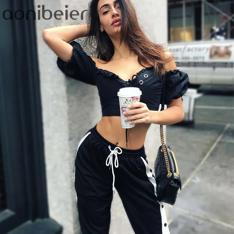 

Aonibeier Joggers Spring Autumn Fashion Snap Button Side High Waist Pants Lace Up Waist Casual Track Pants Women Harem Pants