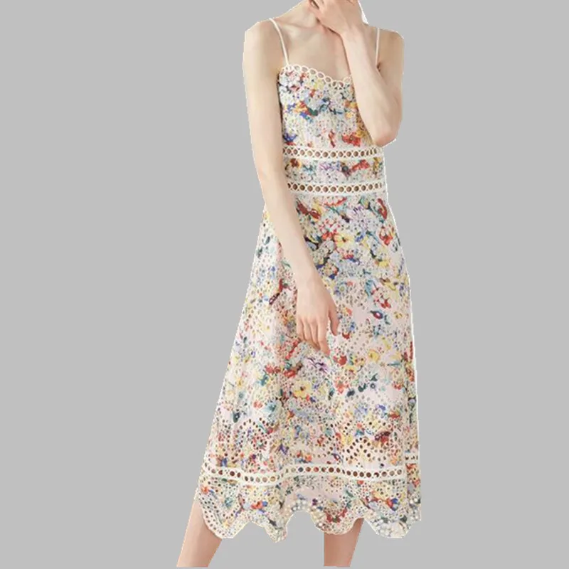 

HAMALIEL Sexy Spaghetti Strap Embroidery Floral Party Dress 2019 Runway Spring Women Lace Patchwork Hollow Out Print Midi Dress