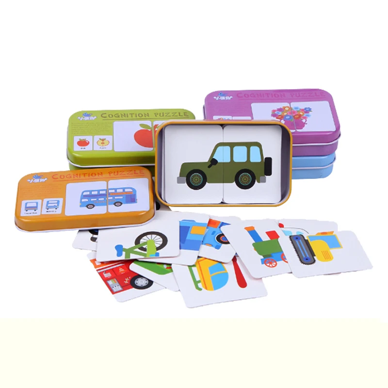 

Early Educational Montessori English Fruit Animal Traffic Match Game Puzzle Card Toys for Iron Box Package 3D Puzzle toys
