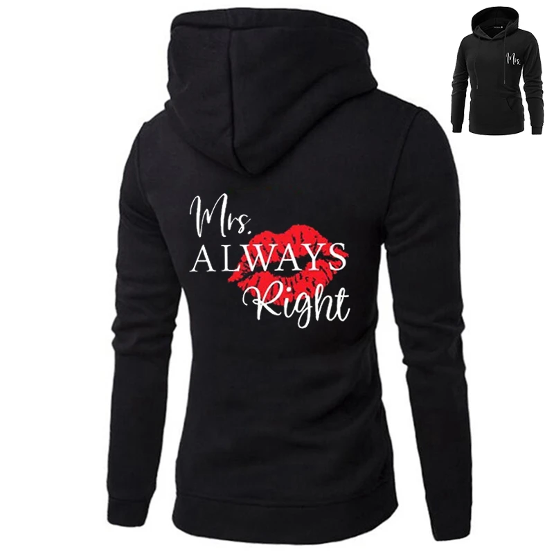Парные толстовки с капюшоном для влюбленных Mr Right Mrs Always одинаковые свитшоты